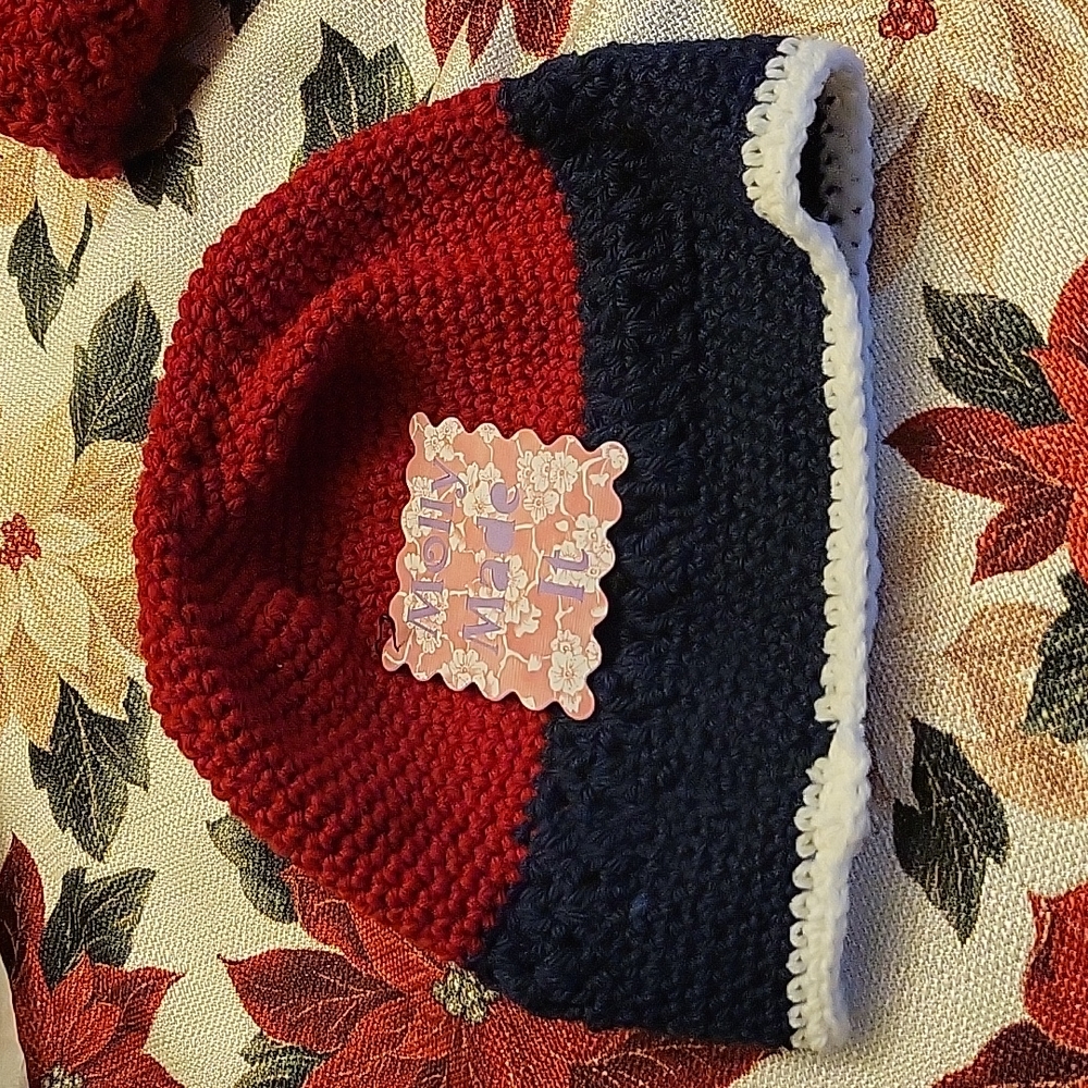 HAND CRAFTED hat Beanie HANDMADE Red Blue With White Trim Crochet
